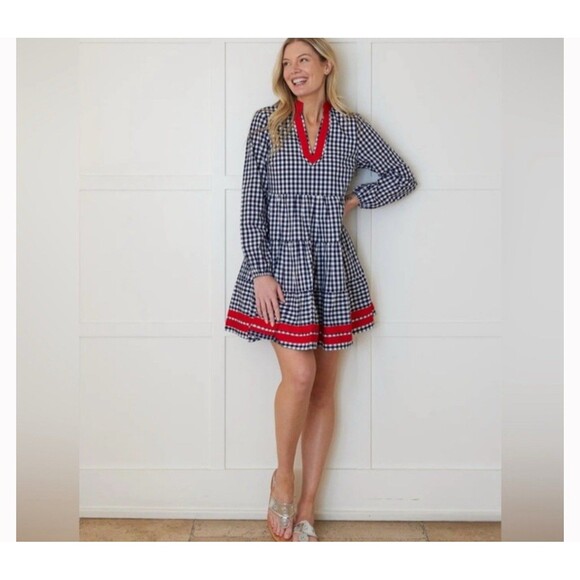 STS Sail To Sable Womens Cotton Long Sleeve Gingham Shift Dress Blue Size Medium - Picture 2 of 14